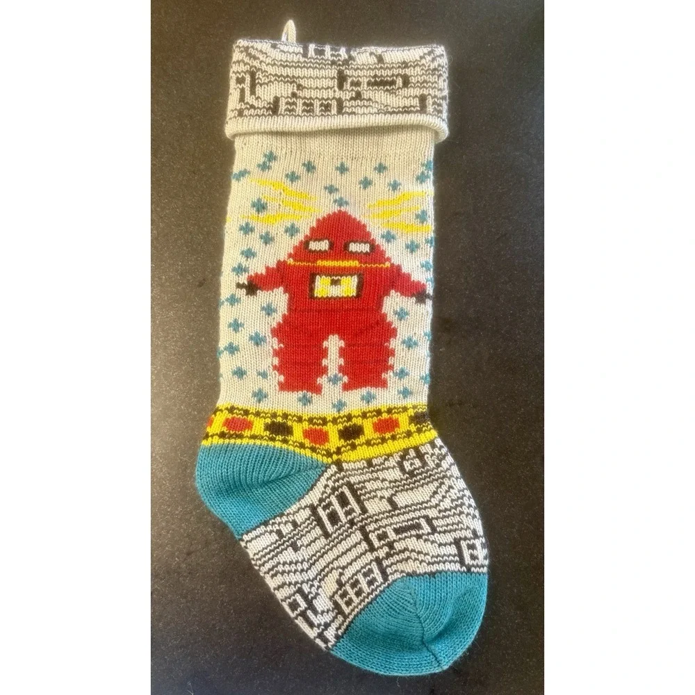 Christmas Stocking Knitted Robot Red Teal 20